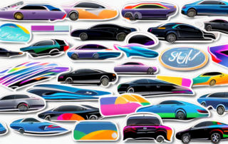 A variety of colorful and stylish stickers adorning the hood of a sleek
