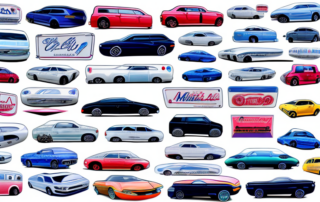 A variety of cars with humorous and quirky bumper stickers in different shapes and colors