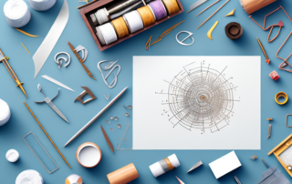 A crafting table with various tools and a roll of foil