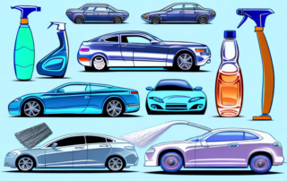 Several different types of car cleaning products next to a sparkling clean car