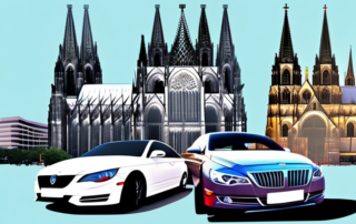 A variety of cars with different vibrant and glossy foil finishes parked in front of the iconic cologne cathedral