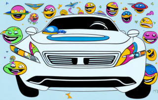 A car adorned with various humorous and creative decals