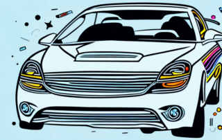 A car with various creative and unique decals and stickers on it