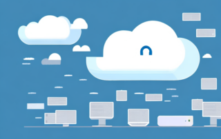 A fortified cloud floating above a collection of various data storage devices