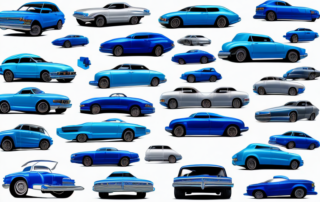Several different models of cars in various shades of blue