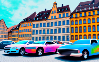 Several cars in different vibrant colors parked in front of a recognizable wiesbaden landmark