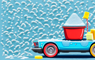 A car covered in soap suds and a bucket with a sponge next to it