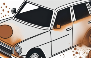 A car with visible rust bubbles on its surface and tools like sandpaper
