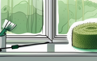 A window seal covered in moss with a cleaning tool