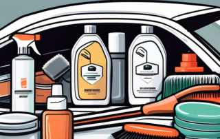 A comprehensive car cleaning kit with various tools such as brushes