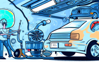 A car being spray-painted in a professional garage with various equipment and tools around