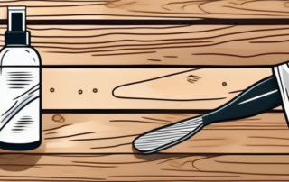 A wooden surface with a scraper and a bottle of varnish remover