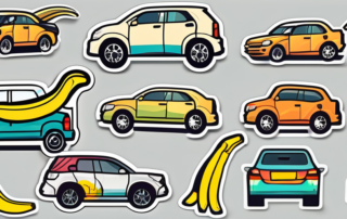 A variety of colorful and humorous car stickers on different parts of a car