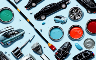 Various car paint removal products arranged on a table with a car partially stripped of its paint in the background