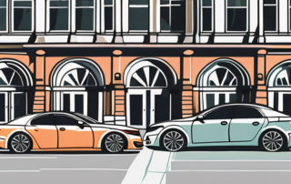 A car with tinted windows parked in front of iconic augsburg landmarks