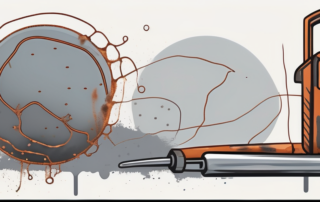 A rust bubble on a metal surface with tools like a wire brush and sandpaper nearby