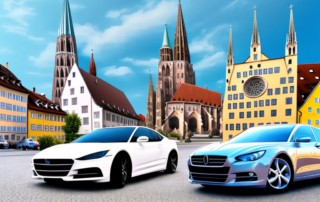 Various cars with different types of foil wraps parked in front of recognizable landmarks in regensburg