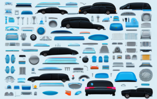 Various types of plastic car interior parts like the dashboard