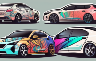 A variety of colorful name stickers on different parts of a car