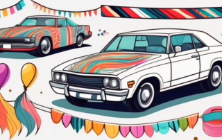 Several cars adorned with creative and unique decorations such as colorful streamers