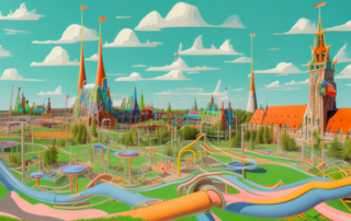 A variety of unique and colorful slides (as in playground slides) scattered across a stylized landscape representing the city of bremen