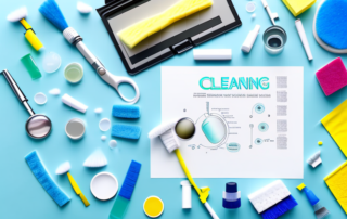 Various cleaning products on a laboratory table