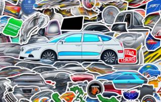 A car's windshield with various types of stickers placed on different parts