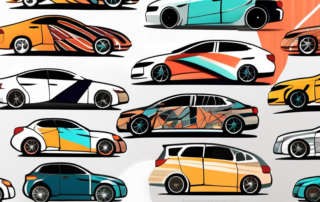 A variety of colorful and stylish car decals placed on different parts of a sleek