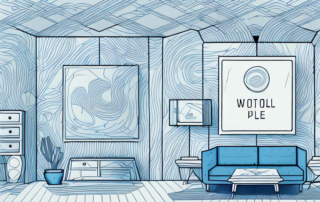 A room with various pieces of furniture and walls covered in different types of interior foil