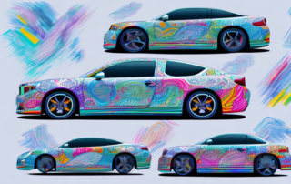 Several creatively wrapped cars in various colors and patterns