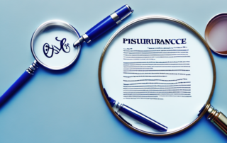 Various insurance policy documents and a magnifying glass