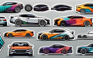 A variety of colorful tuning stickers displayed on different parts of a sleek