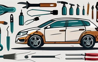 A car with visible paint damage on one side and the other side perfectly repaired