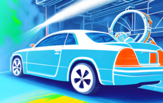 A car in a paint booth with a spray gun applying a vibrant color