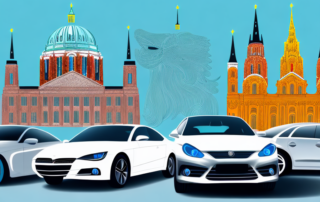 Various cars with different vibrant foil wraps parked in front of iconic german landmarks