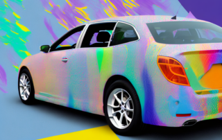 A car partially covered with a colorful vinyl wrap