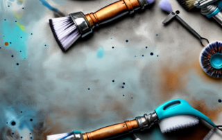 Various tools and materials such as a scrub brush