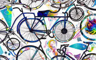 A variety of creatively designed bicycle frames wrapped in different artistic and colorful foil designs