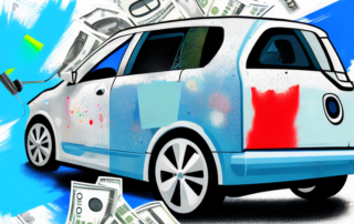 A car door partially painted with a spray gun