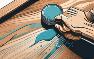 A close-up view of a wooden surface with visible paint bubbles being removed by a scraper tool