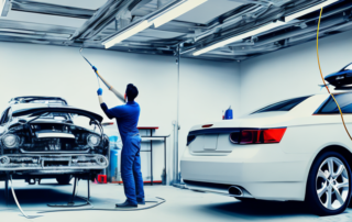 A car undergoing a paint job in a professional garage