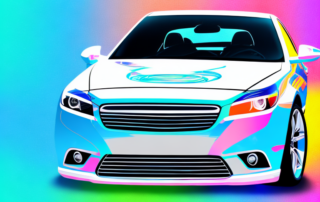 A car fully wrapped in a vibrant colored foil