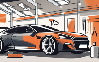 A comprehensive car paint repair kit with various tools such as paint bottles