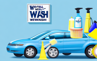 A well-organized car wash station with various cleaning tools like sponges