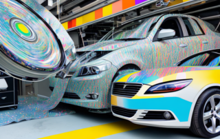 A car undergoing a vinyl wrap process in a professional garage setting