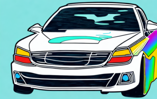 A car with colorful protective auto stickers strategically placed on areas prone to scratches