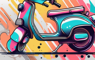 A scooter being wrapped in a colorful vinyl foil