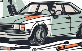 A car with visible paint damage on one side and a set of car repair tools nearby