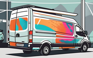 A transporter van being wrapped in a vibrant