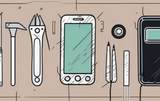 A smartphone with a scratched screen and a set of professional repair tools next to it